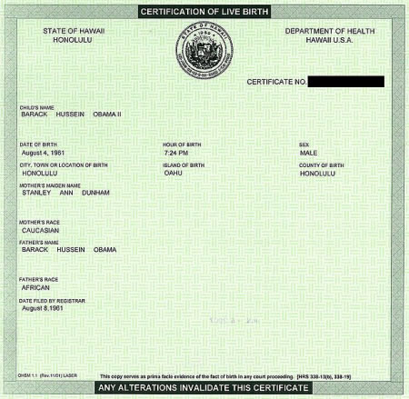 scanned copy of Barack Hussein Obama's birth certificate